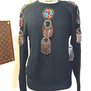 Hamsa Evil Eye DeRotchild Silk Angora Embellished Beaded Pullover NWT